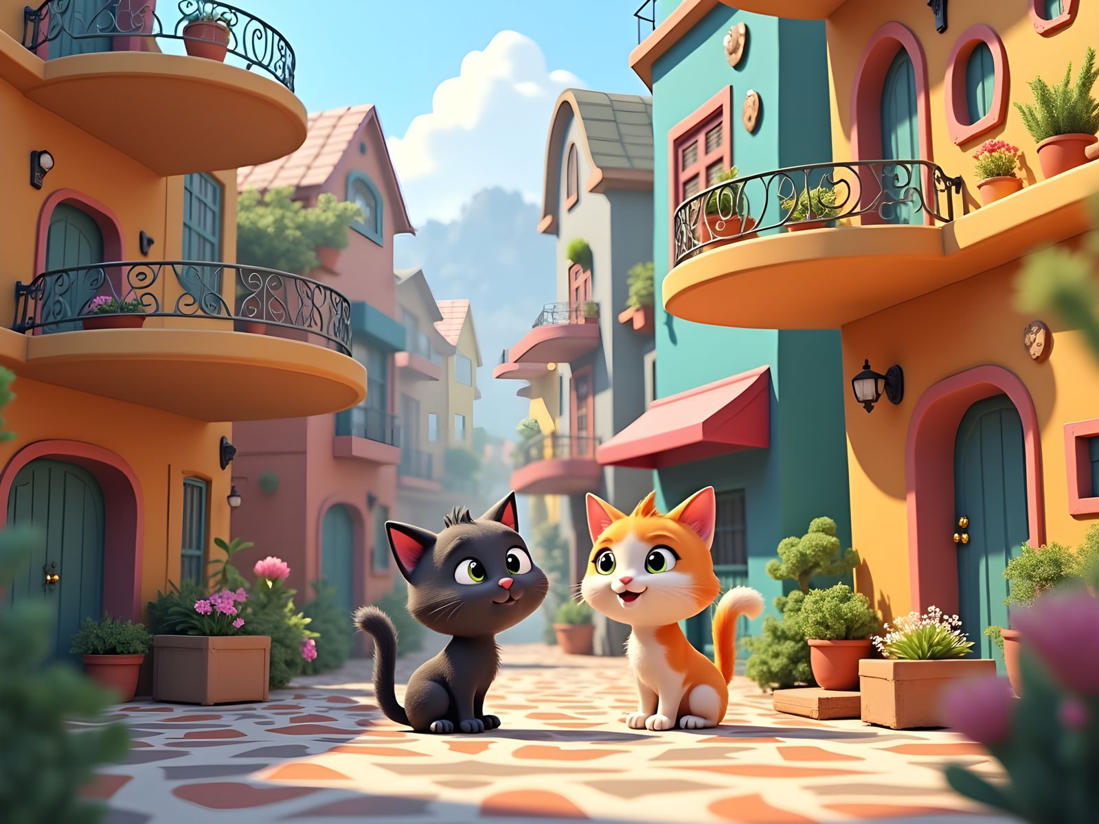 Playful Cats Explore Colorful Cityscape in Pixar Style