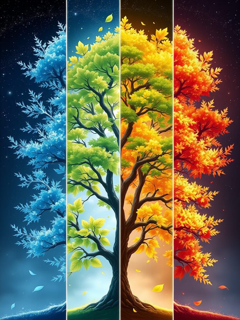 Seasonal Tree Fantasy Art Panel in Digital Painting Style
