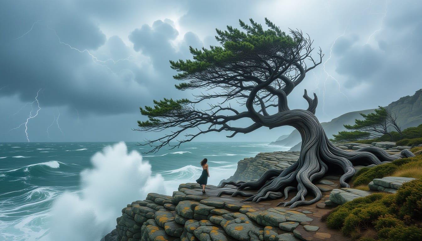 Ancient Tree on Stormy Cliff Overlooking Ocean