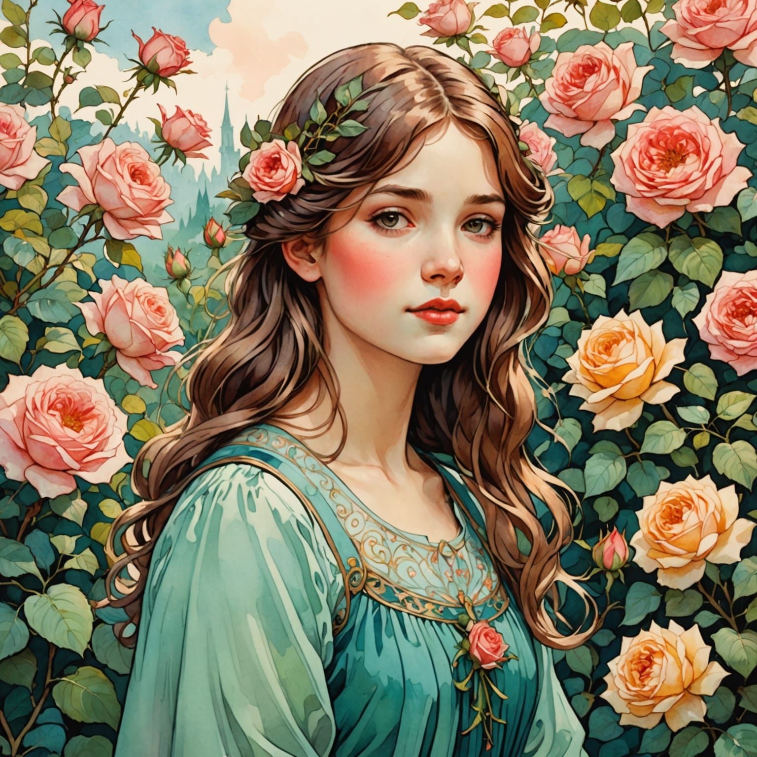 Cheerful Girl in Rose Garden: Watercolor Pastel Manga