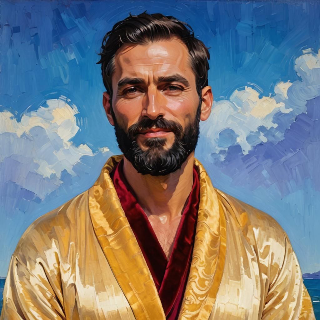Bearded Man in Velvet Robes: Impressionist Oil Painting