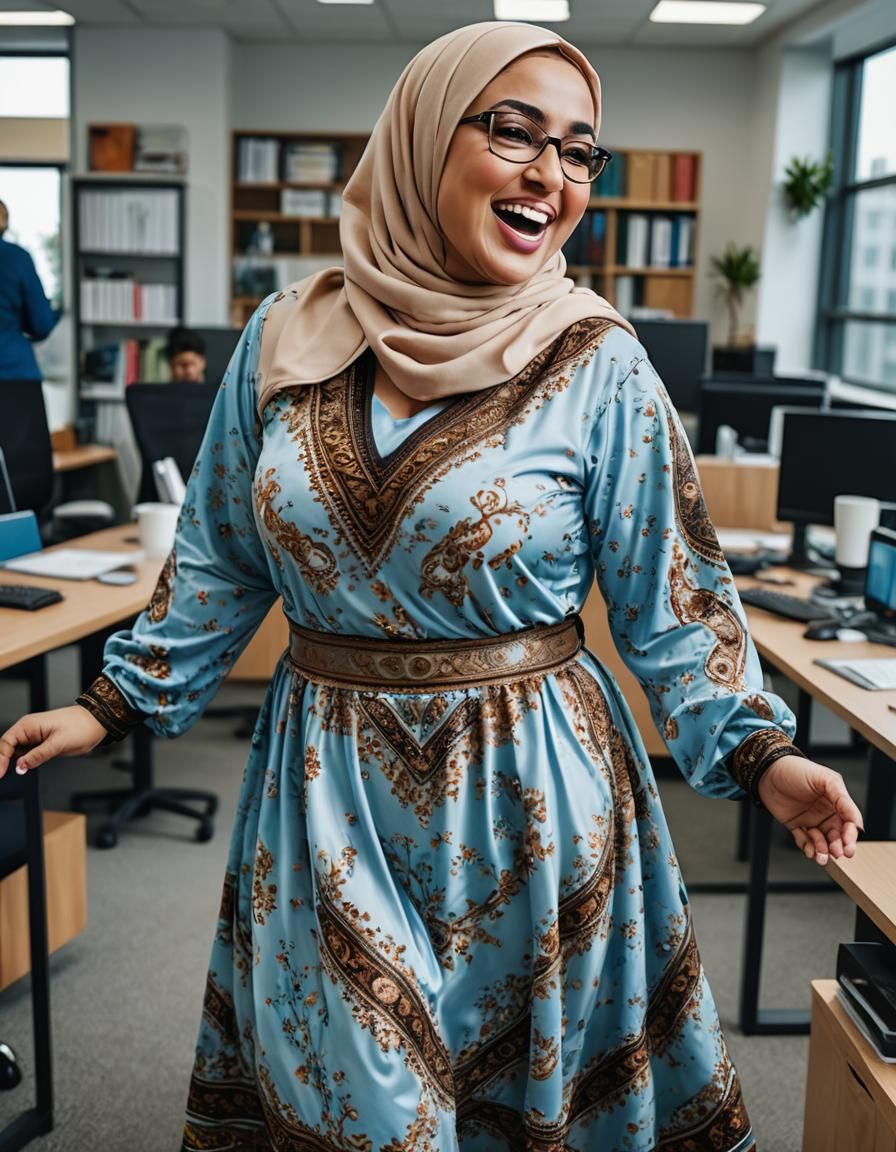 Psychedelic Hijabi Woman Dancing in Modern Office