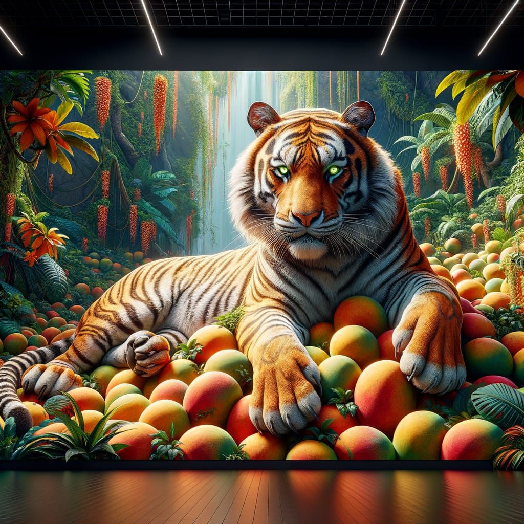Vivid Tiger Resting on Oversized Mangoes