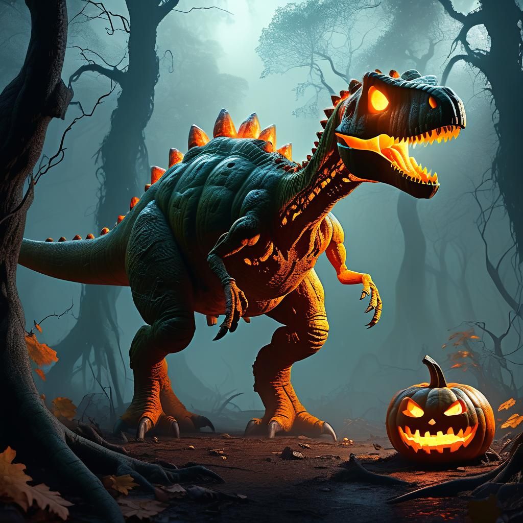 Pumpkin Dinosaur in Eerie Forest: Vibrant Digital Art