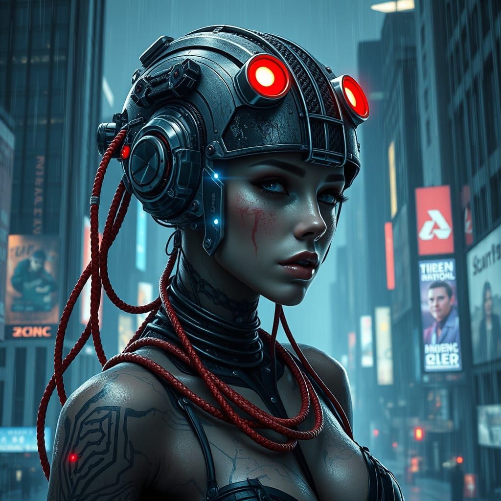 Cyberpunk Goddess in Dark Futuristic Metropolis