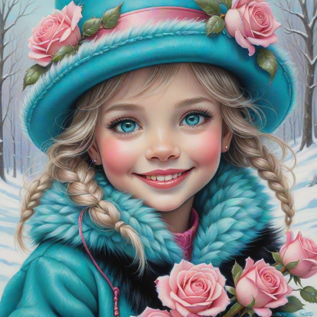 Smiling Girl with Roses: Colored Pencil Drawing