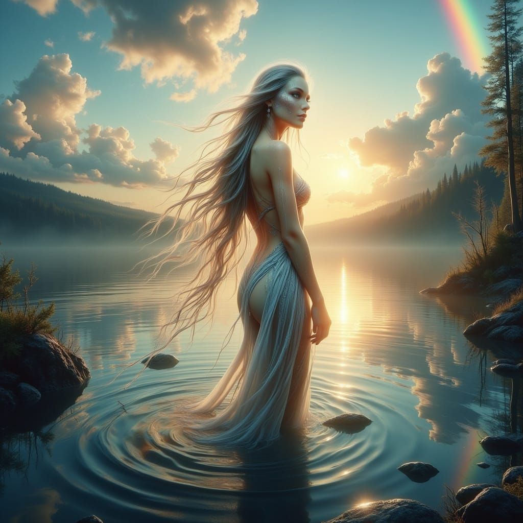 Enchanted Water Nymph Emerging from a Tranquil Lake in a Dre...