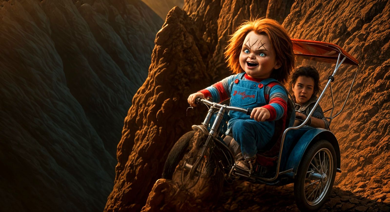 Chucky's Velotaxi Leap: A Photorealistic Action Scene