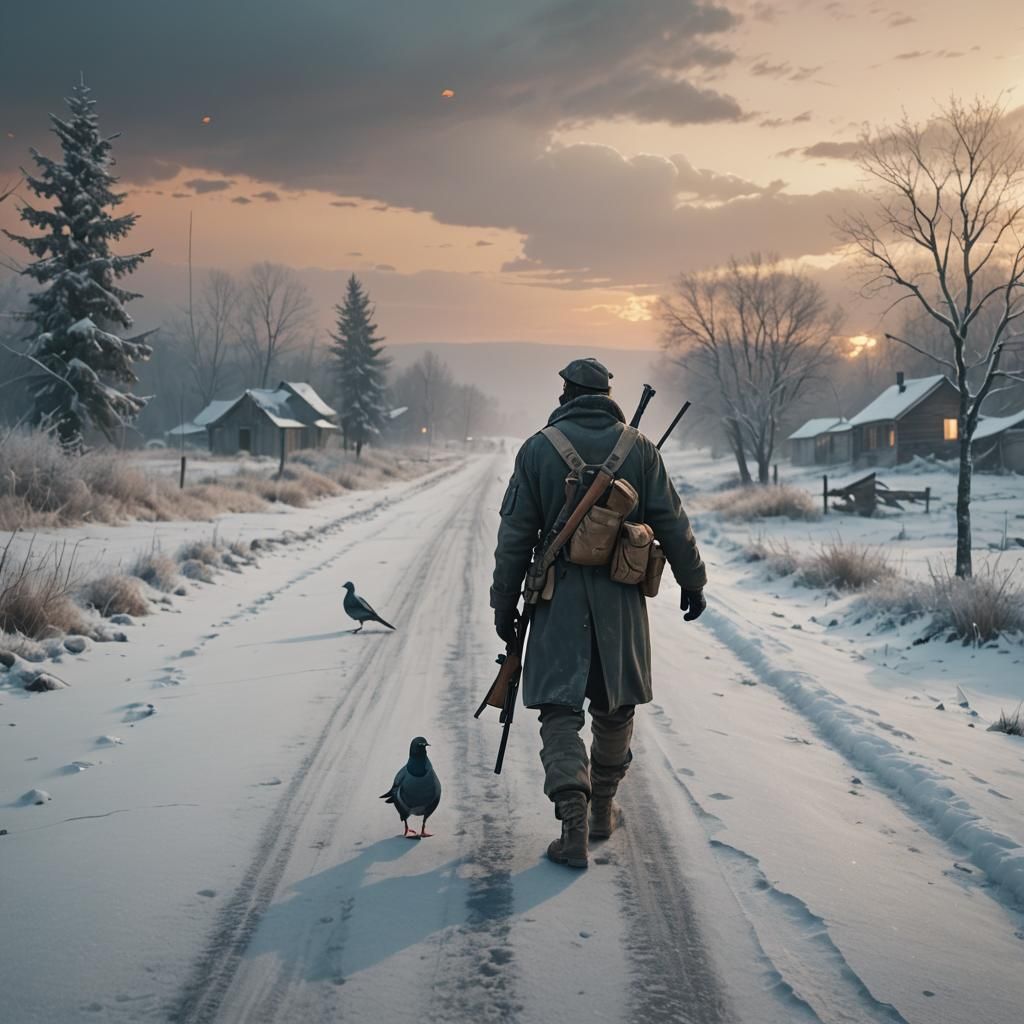 Post-Apocalyptic Survivor in Desolate Winter Landscape