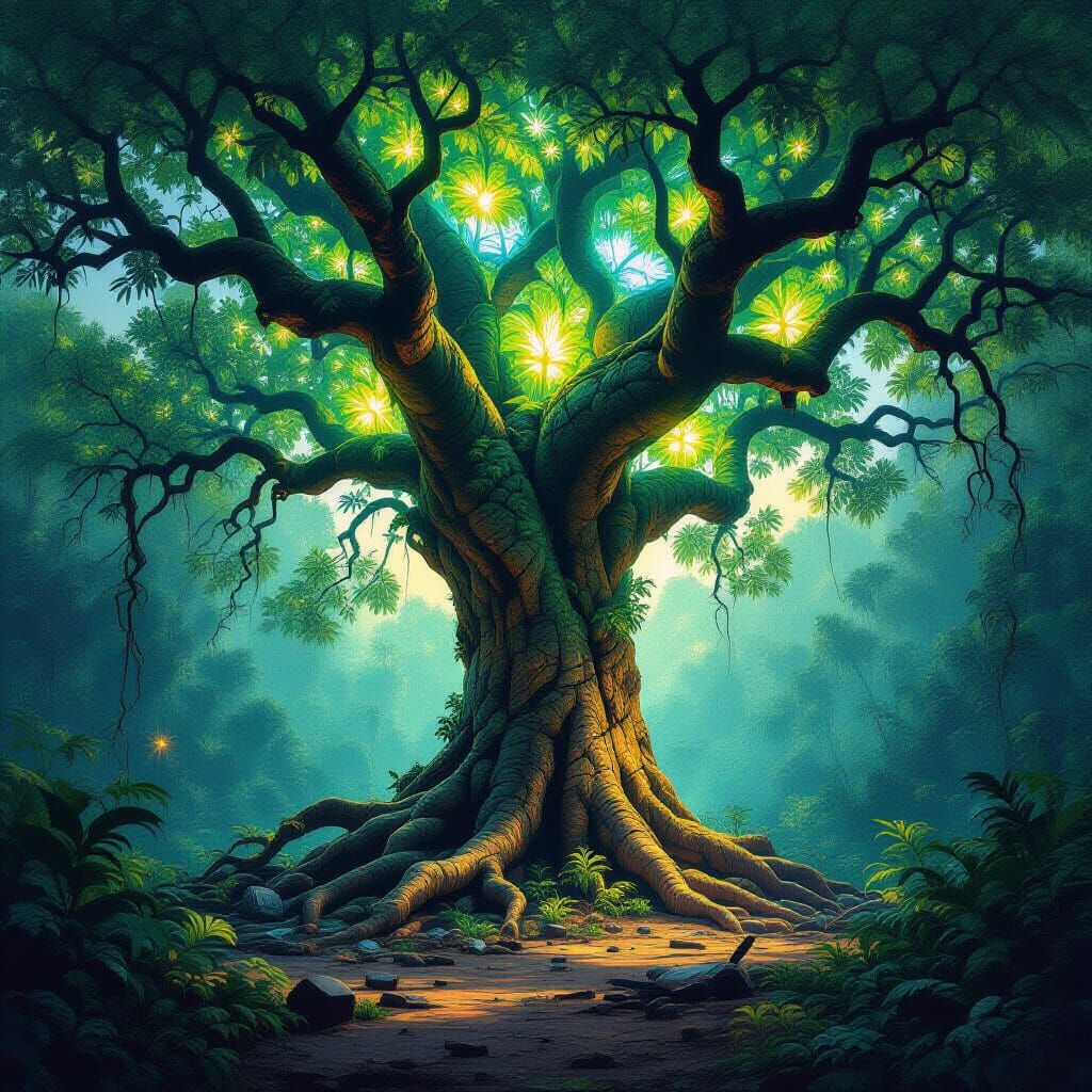 Ancient Bioluminescent Tree with Spaceship Ruins