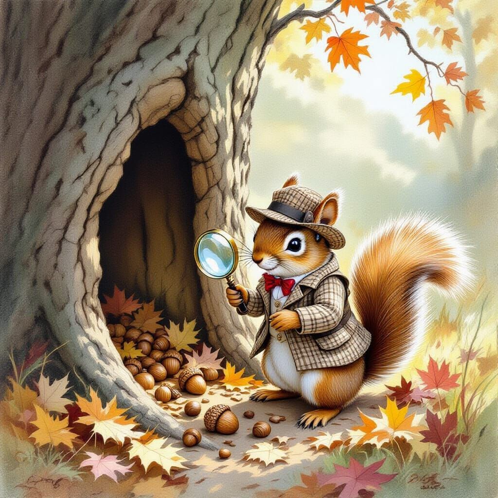 Squirrel Detective on Acorn Trail, Illustrated Art