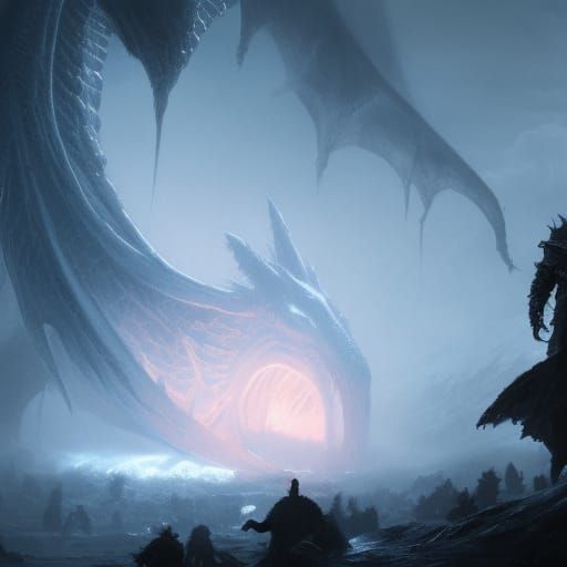 Icy Dragon in Brutalist Horror Landscape