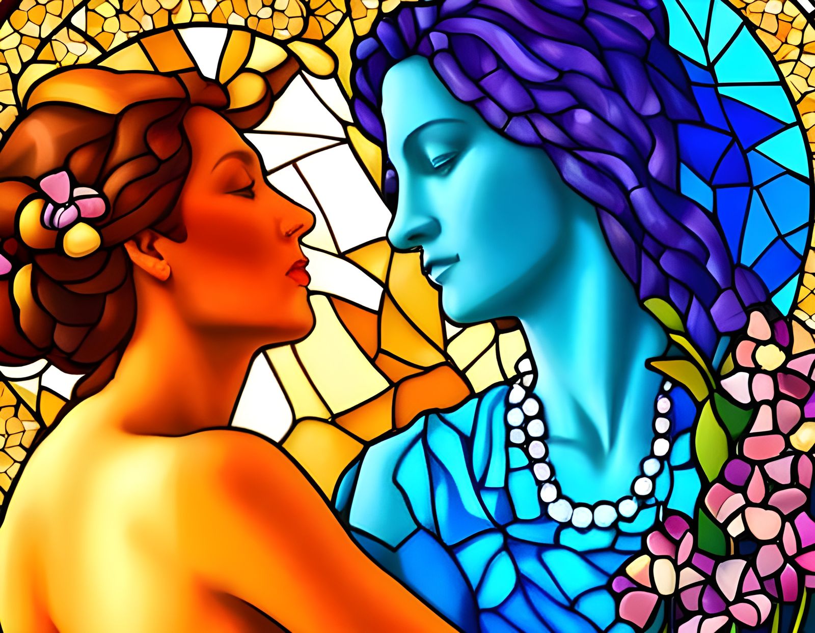 Biracial Lesbian Couple in Stained Glass Mosaic Style