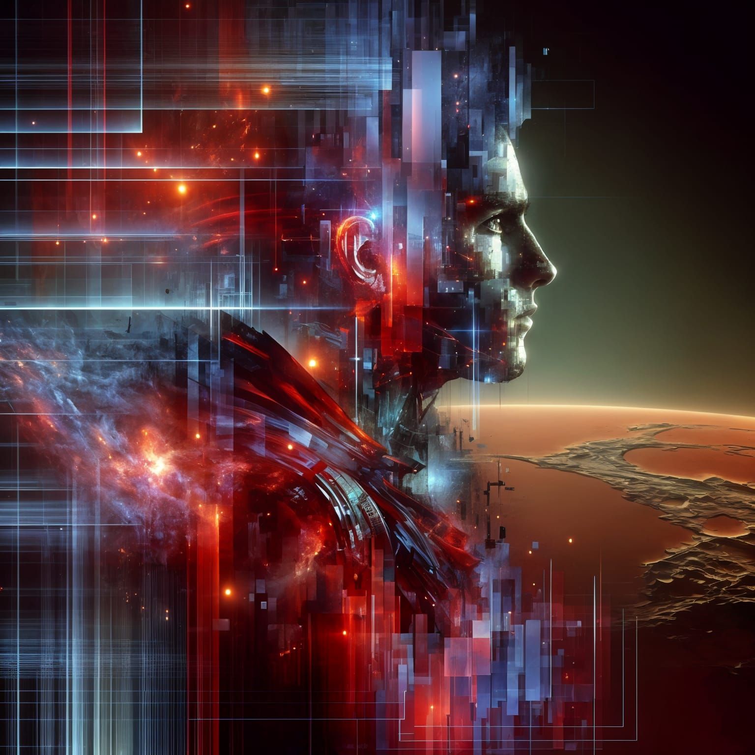 Space Explorer on Mars in Digital Glitch Art