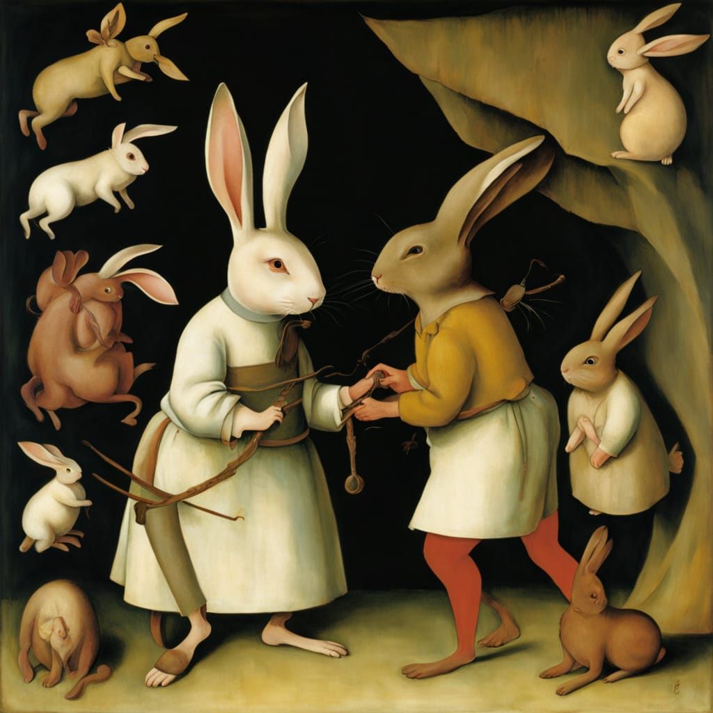 Bosch-inspired Grotesque Scene with Sweating Rabbit