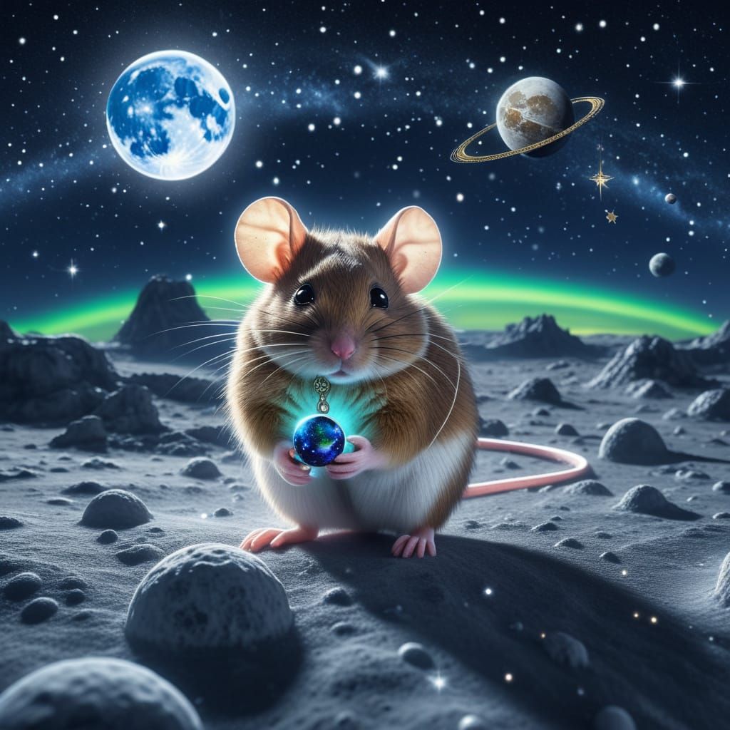 Mouse Adorns Moon with Glowing Jewelry under Celestial Wonde...