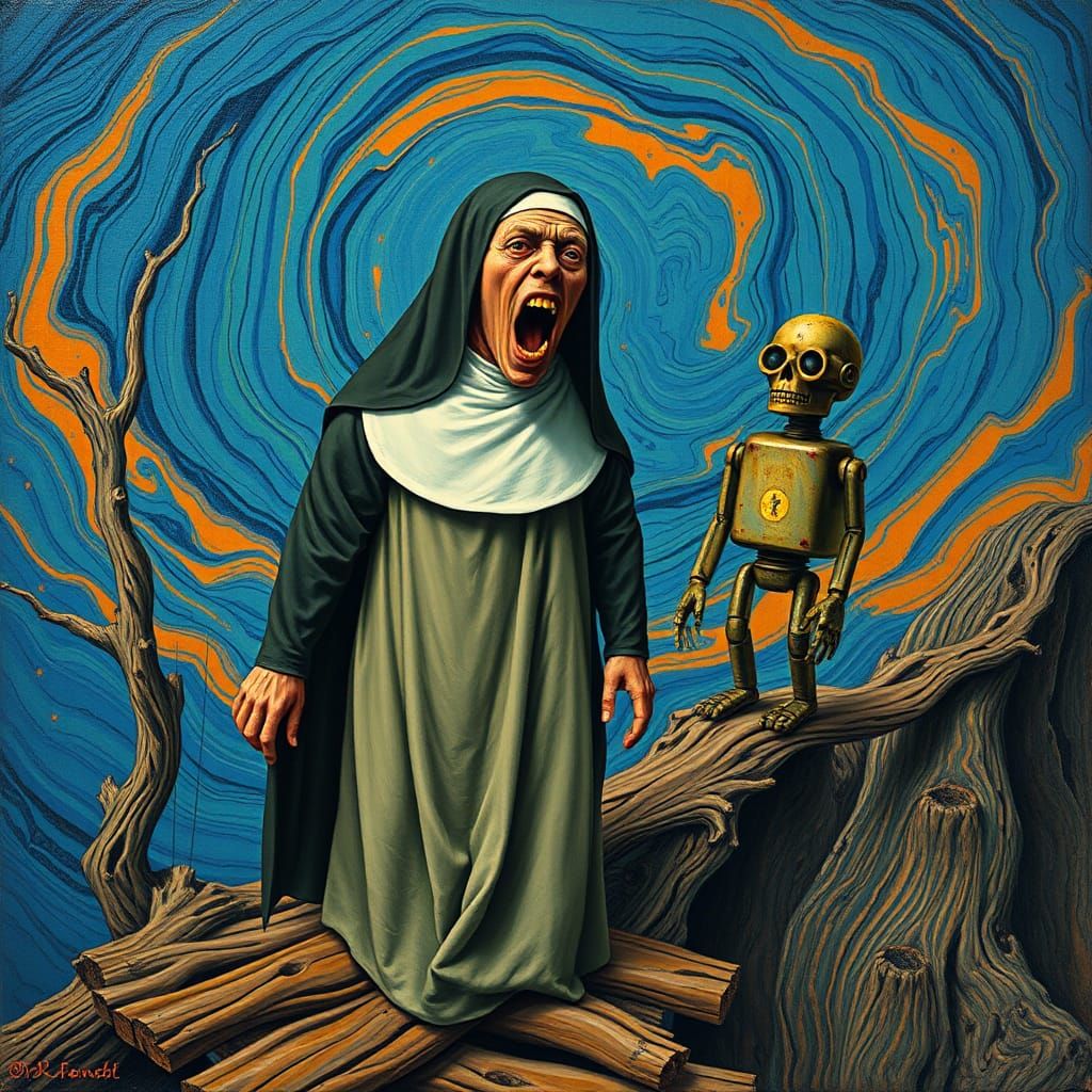 An intensely emotive anthropomorphic screaming Nun wearing a diaper, reminiscent of Edvard Munch's iconic The Scream,...