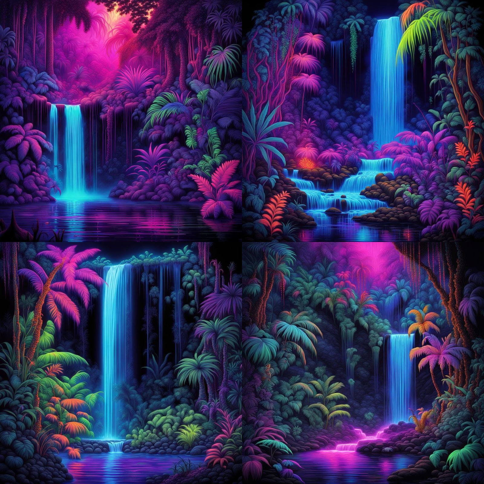 Neon Jungle Waterfall in Blacklight Art Style
