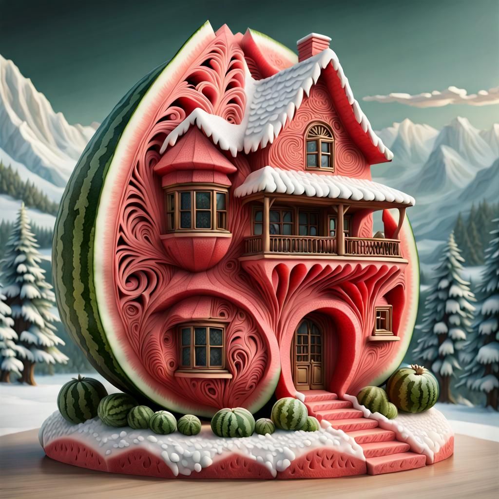Hyperrealistic Watermelon House Sculpture in Winter Landscap...