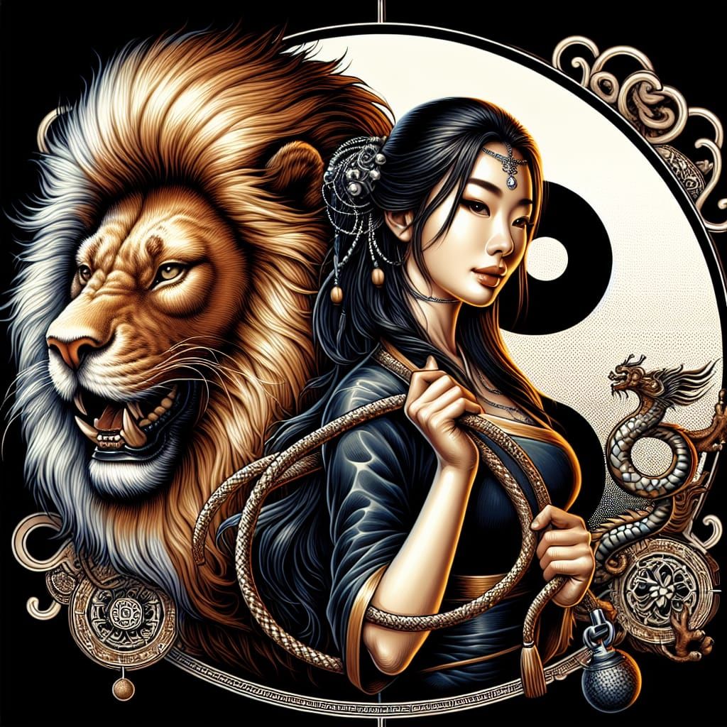 Dragon Lady with Lion and Yin-Yang Symbol