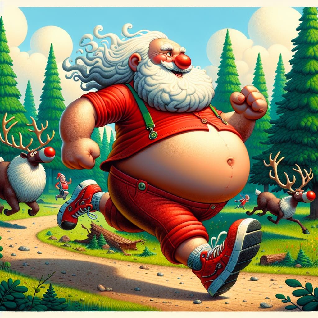 Jolly Figure Jogging with Reindeer in Forest