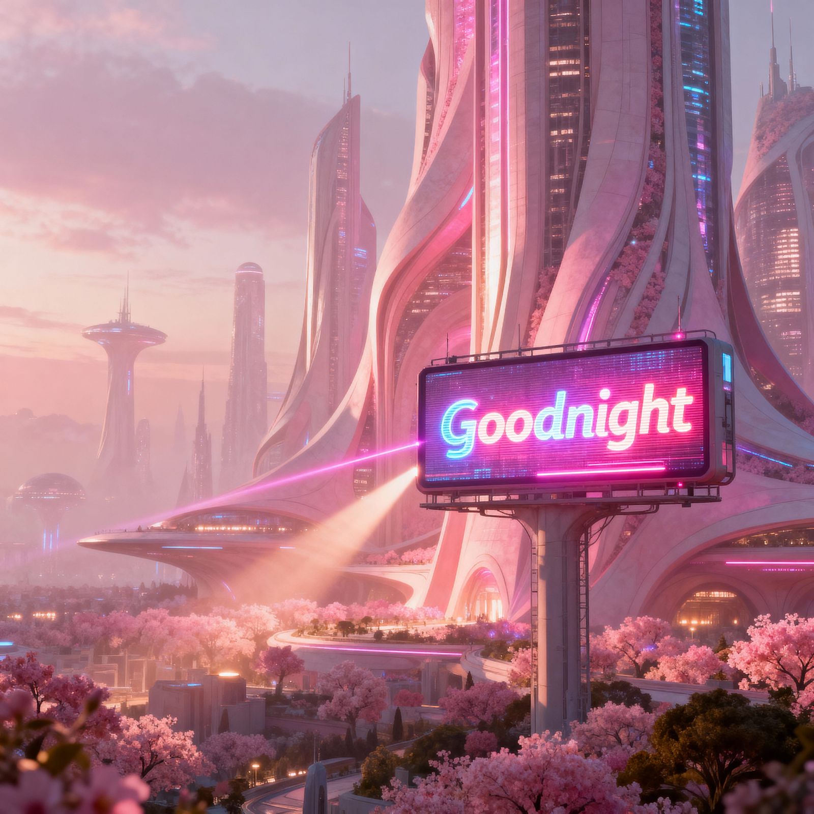 Neon 'Goodnight' Billboard Over Pink Hypercity