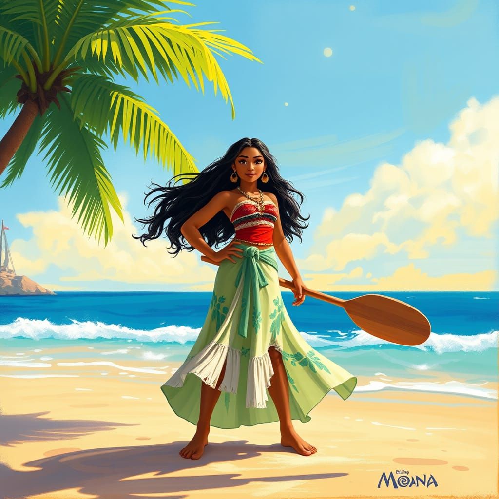 Moana in Vibrant Beach Scene, Inspired by Concept Artists