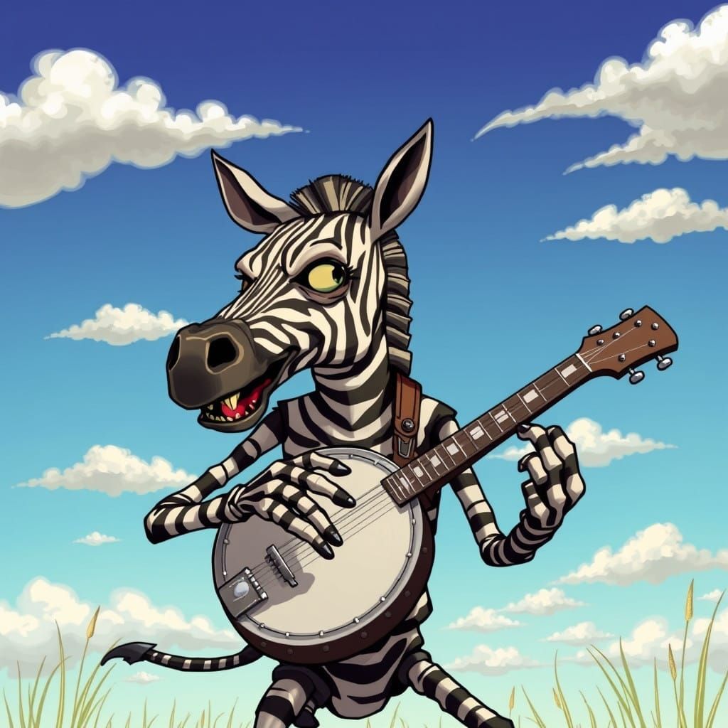 Vibrant Cartoon Zombie Zebra Strums Banjo Under Blue Sky