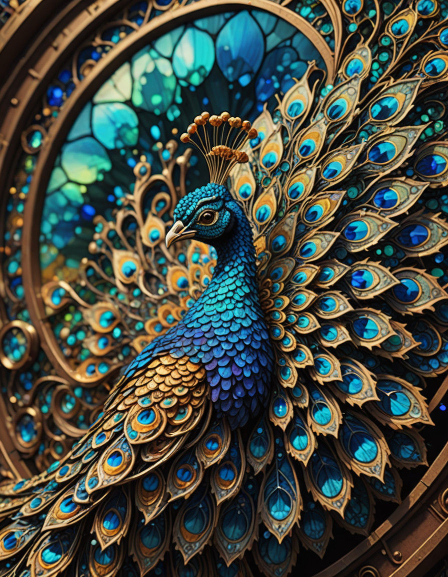 Steampunk Stained Glass Peacock in Hyperrealistic Landscape