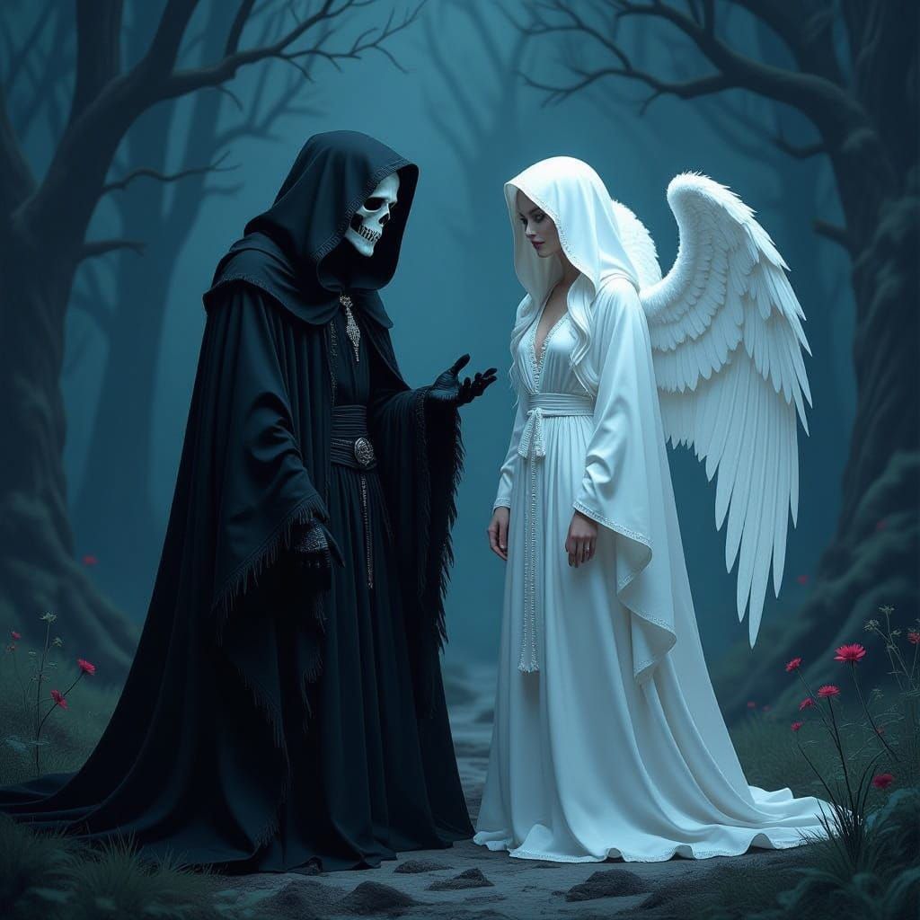 Gothic Guardian Angel and Grim Reaper in Eerie Harmony