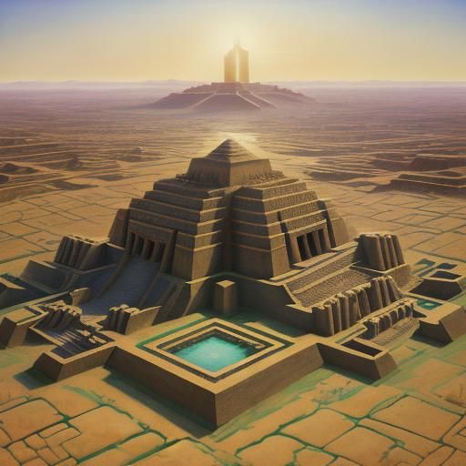 Colossal Alien in Ancient Sumerian City, Surreal Oil Paintin...