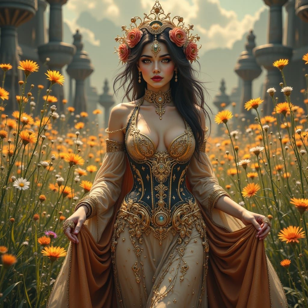 Clockwork Woman in Flower Field, Art Nouveau Style