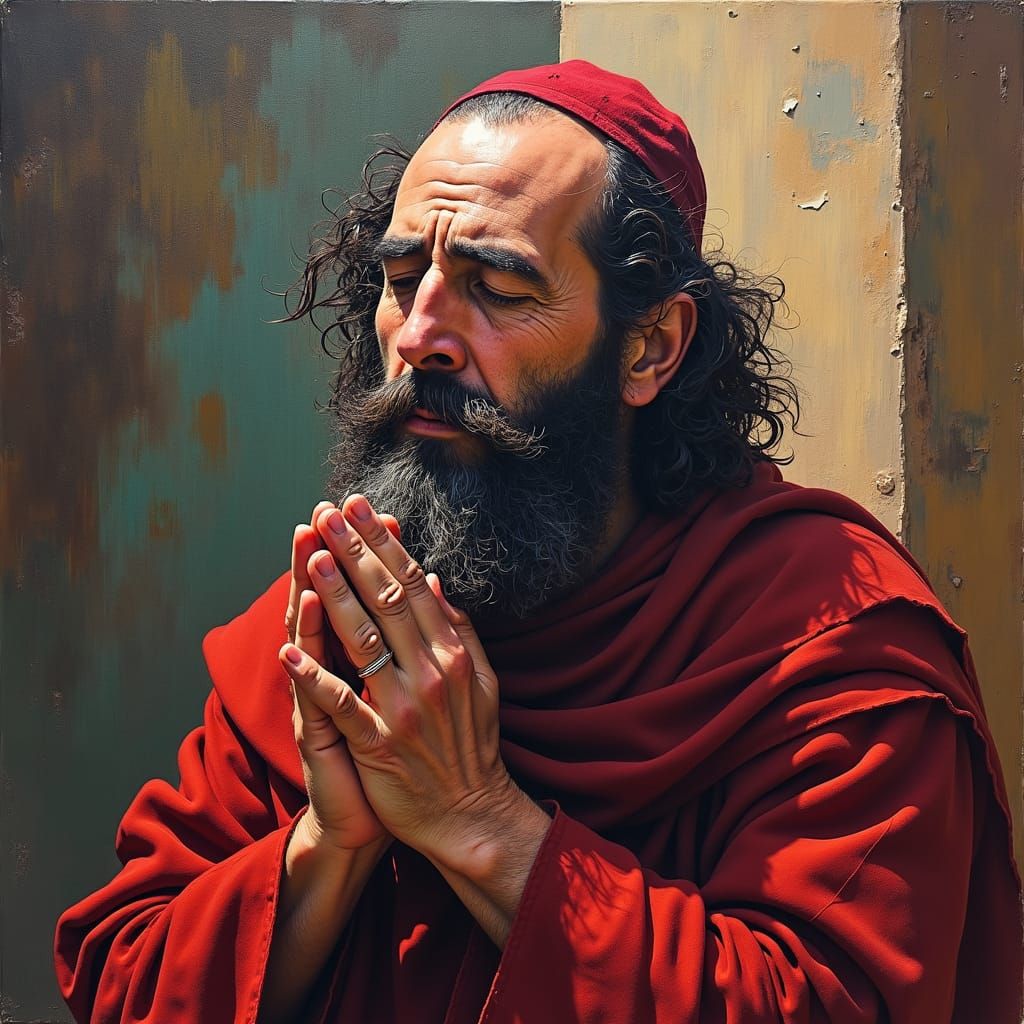 Jewish Rabbi Praying in Garden, Gouache Style