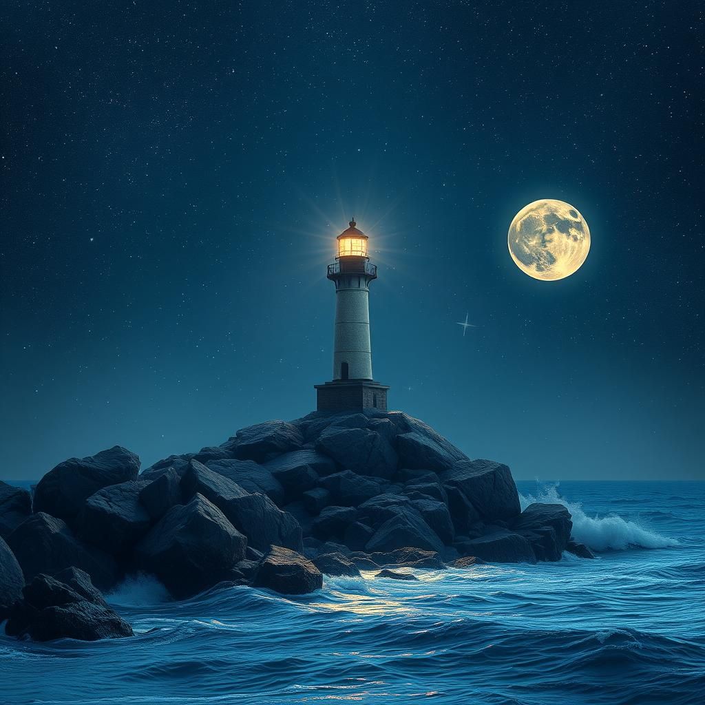 Hyperrealistic Lighthouse Under Starry Night Sky