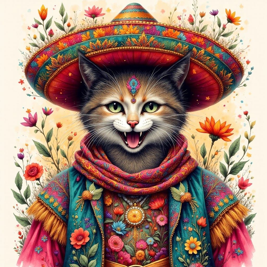 Mexican Cat in Hyperreal Ink Art Style