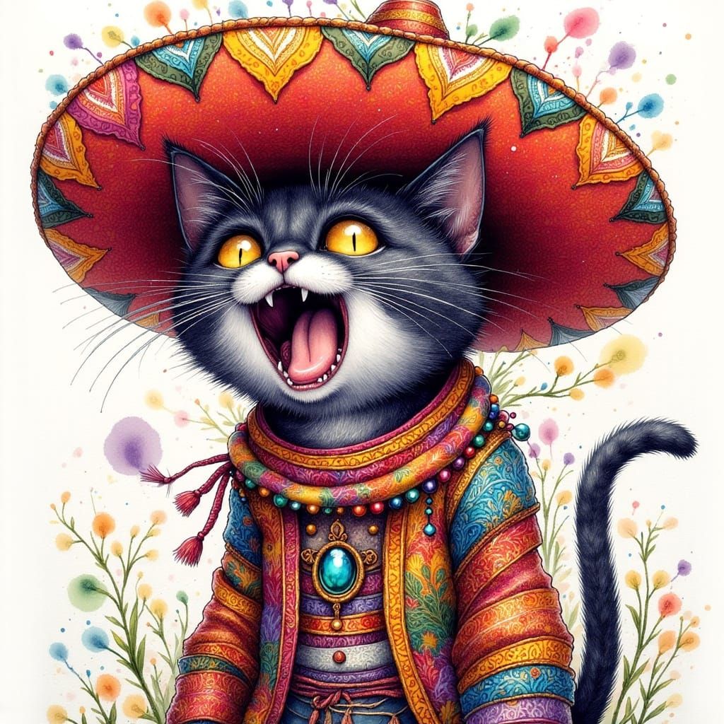 Mexican Cat with Sombrero in Graphic Novel Style