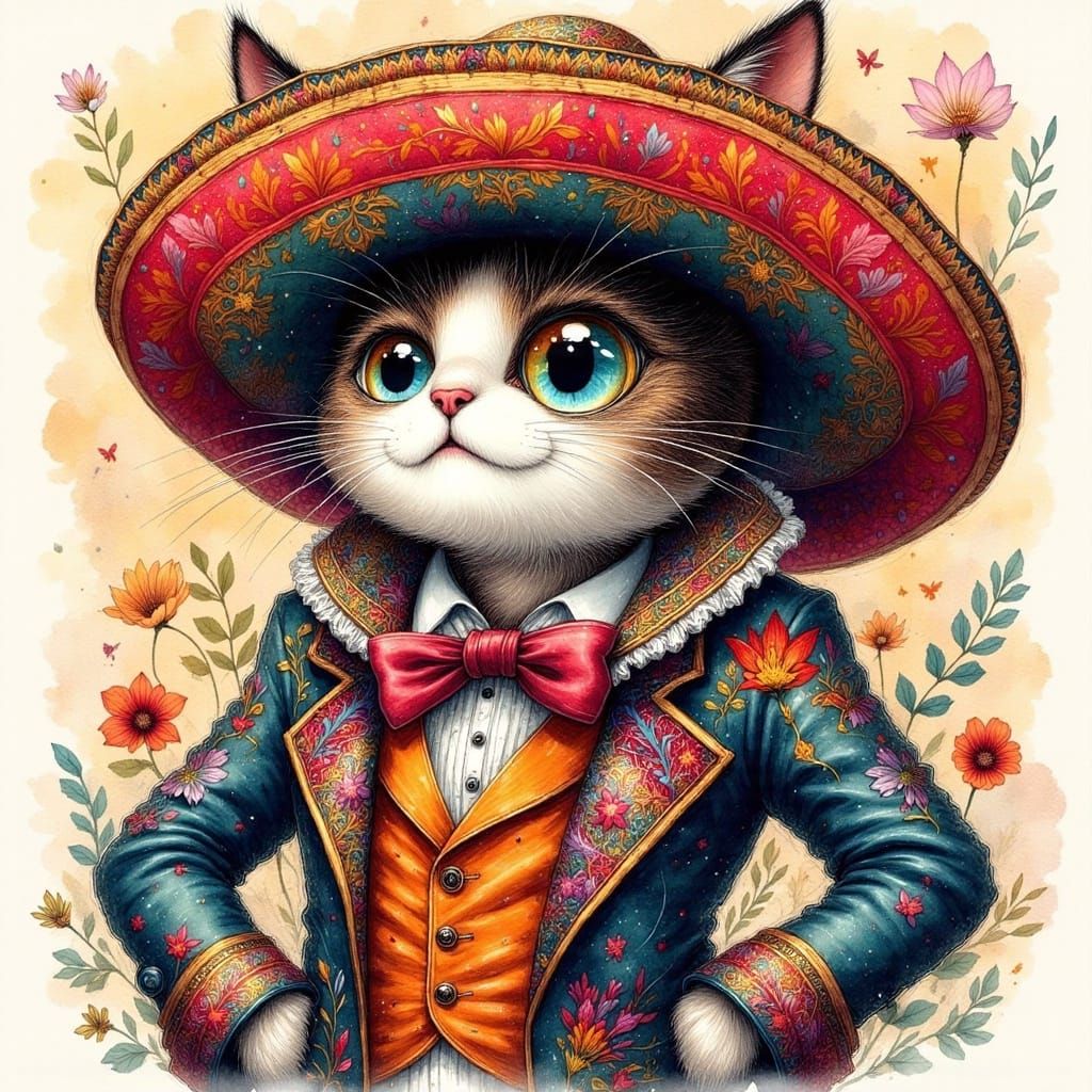 Mexican Cat in Colored Ink Style
