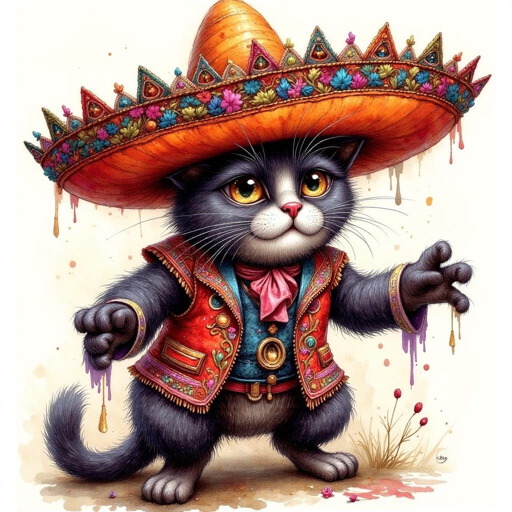 Mexican Cat in Detailed Colored Ink Style