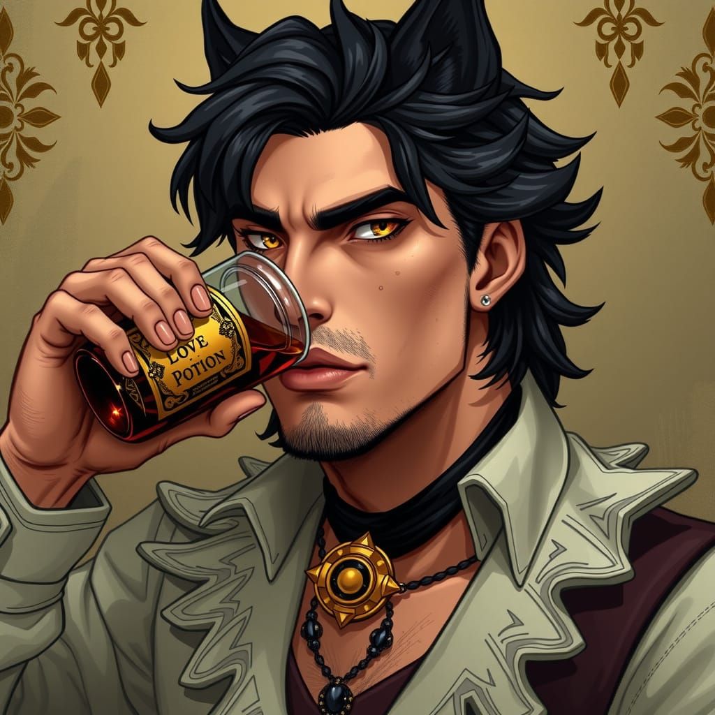 Handsome black-haired adult man with golden wolf eyes, drinking a potion with the label, "Love Potion."