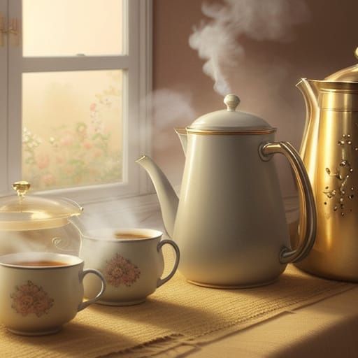 Cats and Steaming Tea in Watercolor Style