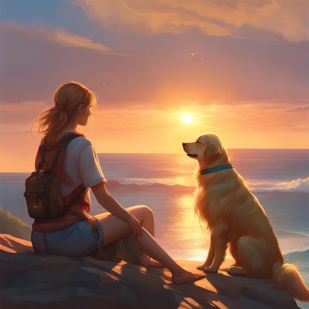 Girl and Dog Watching Sunset: Artstation Portrait