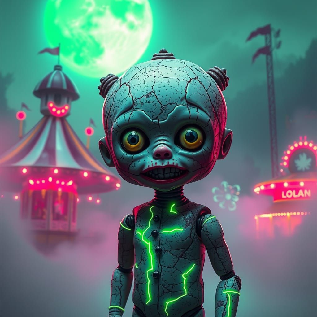 Creepy Doll in Surreal Pastel Fog