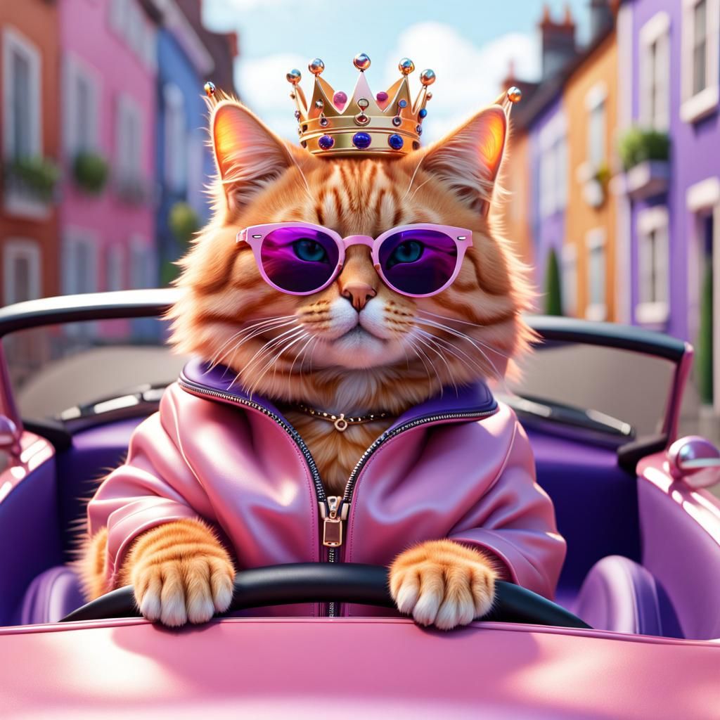 Ginger Cat Royalty Drives Pink Car: Photorealistic Render