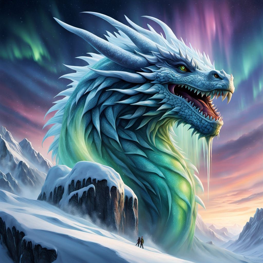 Icy Dragon Merges with Avalanche Under Aurora Borealis