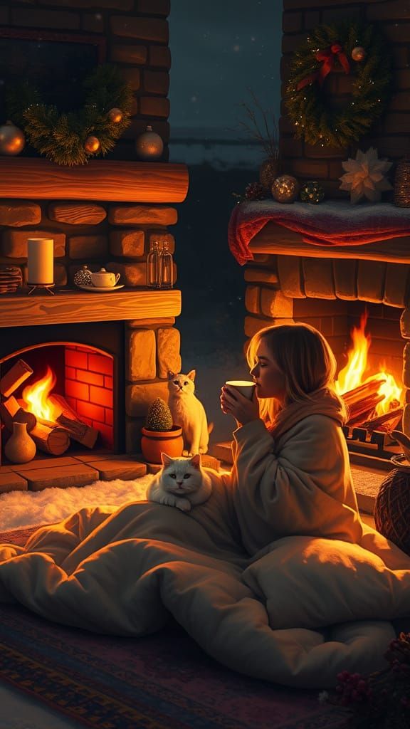 Cozy Winter Night Scene: Girl, Cat, and Fireplace