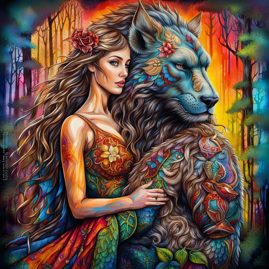Medieval Woman and Beast in Graffiti Art Style