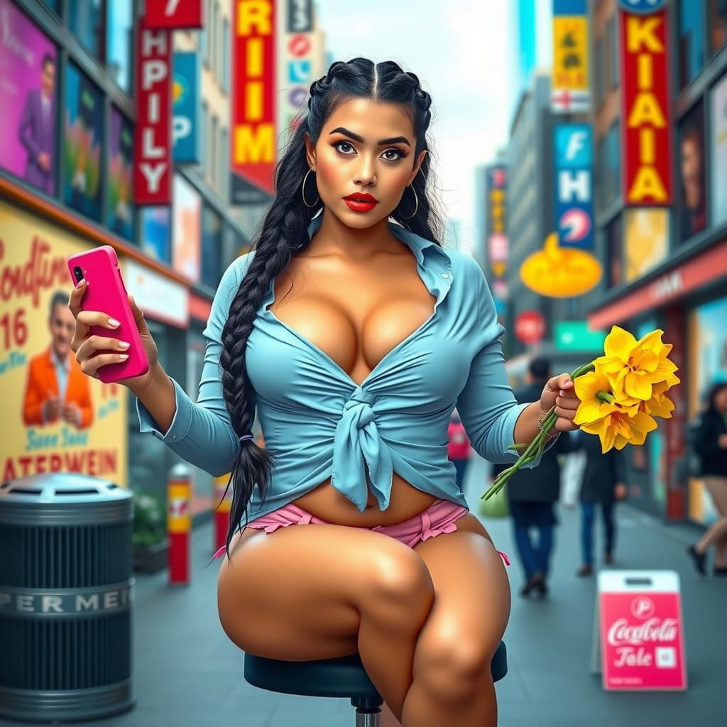 Confident City Goddess with Daffodils in Hyper-Realistic Pop...