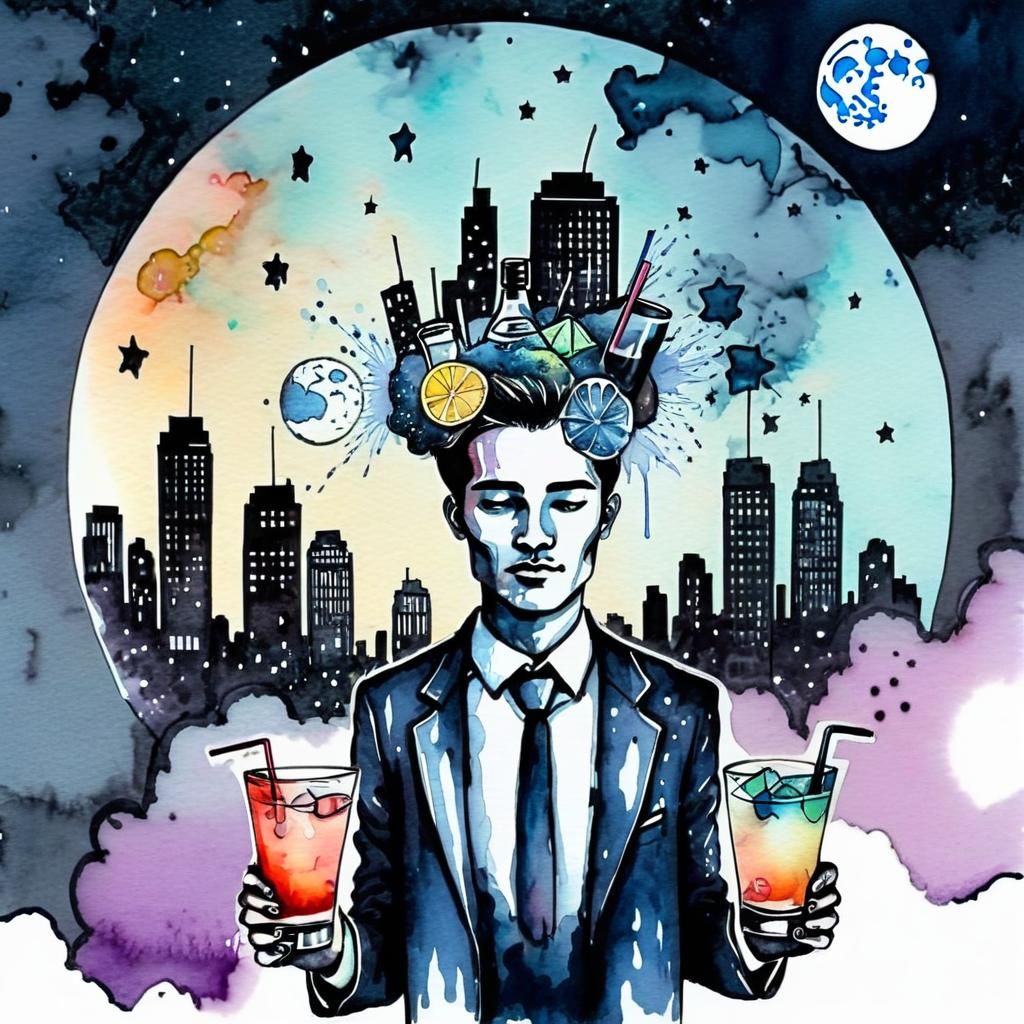 Surreal Bartender Portal in Ink and Watercolor Style