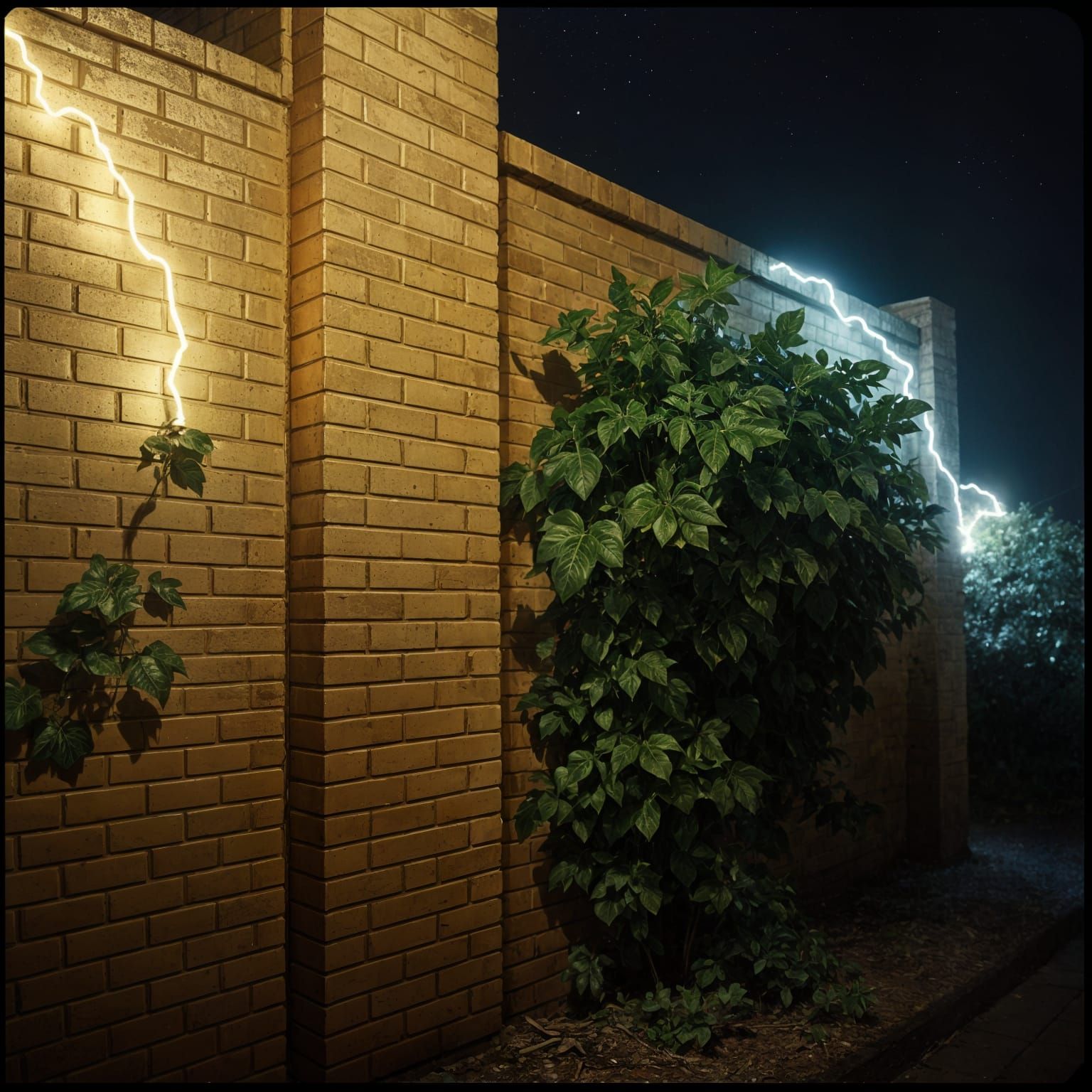 Gleaming Gold Brick Wall in Stormy Vines