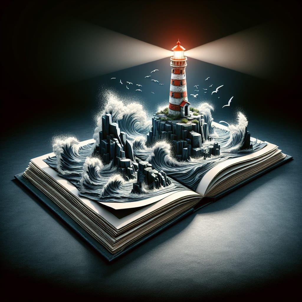 Lighthouse Emerges from Open Book in Vibrant Pop-Up Style